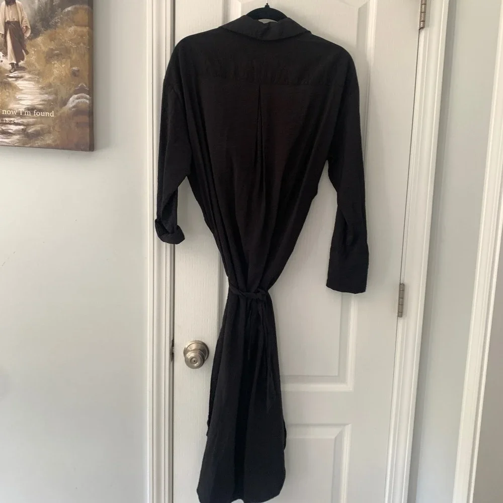 H&M Womens Black Soft Tie Belt Midi Button Shirt Dress Sz XS‎
